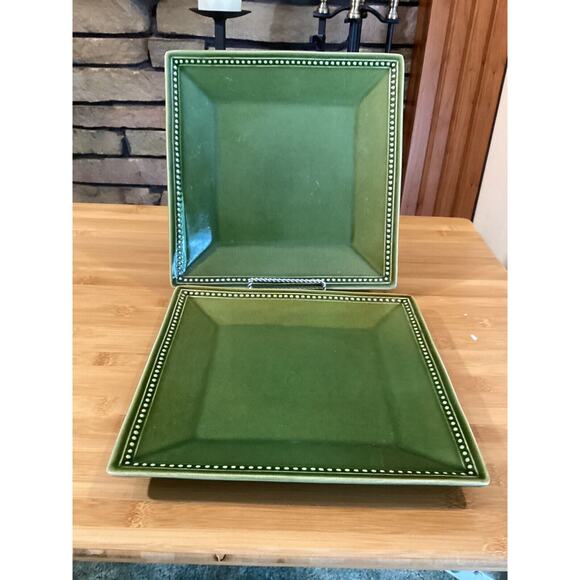 Pier‎ 1 Imports Spice Route Clove 10.5" Square 2 Dinner Plates Beaded Edge Green - Picture 1 of 4